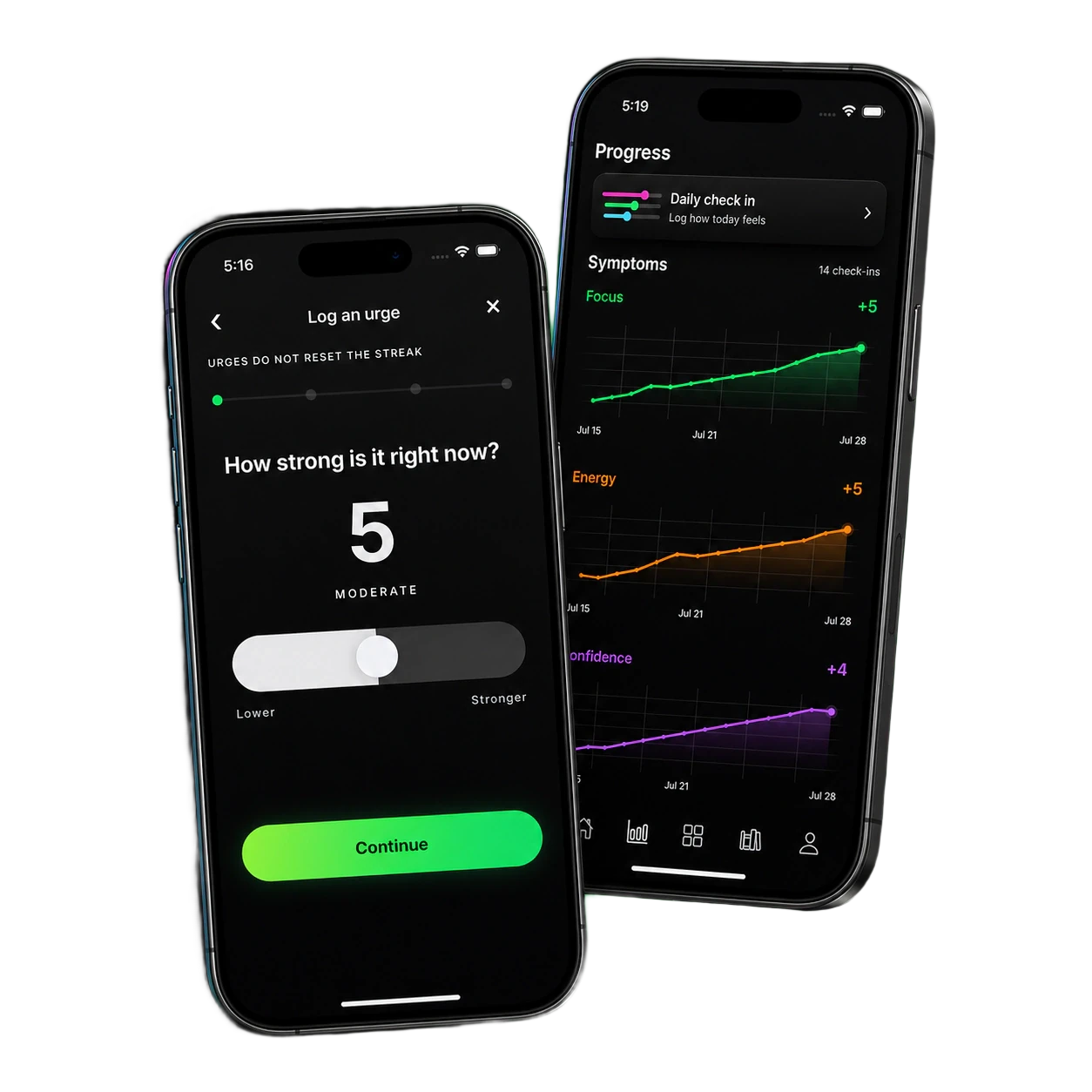 Regen urge logging and recovery progress screens on two iPhones